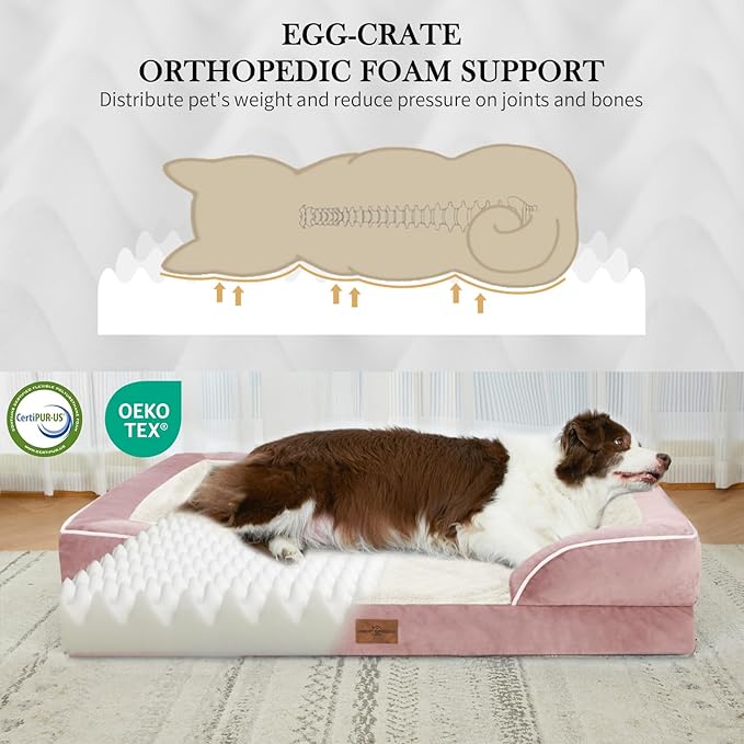 Comfort Expression Orthopedic Dog Bed for Large Dogs 38x25 Inch, Waterproof Supportive Egg Crate Foam Large Pet Bed with Removable Bolsters, Dog Couch with Washable Cover & Non-Slip Bottom, Pink