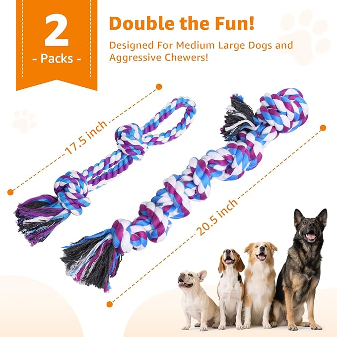 LOOBANI Dog Rope Toys for Aggressive Chewers - 2 Packs Replacement Interactive Chew Toy for Pet Grinding Teeth, Tug of War Toy for Small Medium Large Breeds(Purple Blue)