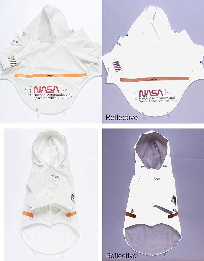 ChoChoCho NASA Dog Rain Jacket, Reflective Water Proof Jacket, Cat & Puppy Stylish Streetwear Outfit - White, L (Medium)