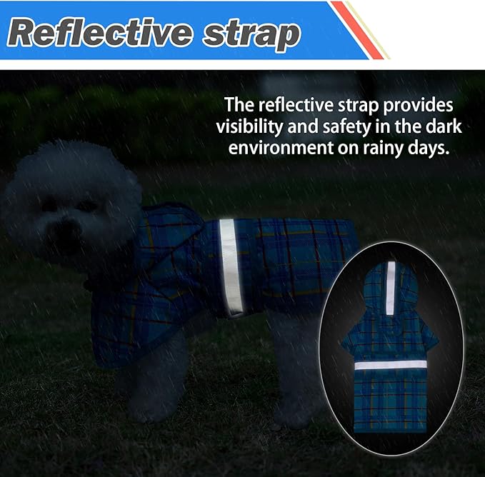 KOOLTAIL Dog Raincoat Hooded Slicker Poncho with Leash Hole, Raincoat for Small Medium Dogs, Waterproof Doggie Rain Jacket with Reflective Strip, Adjustable Breathable Plaid Puppy Rainwear-Blue