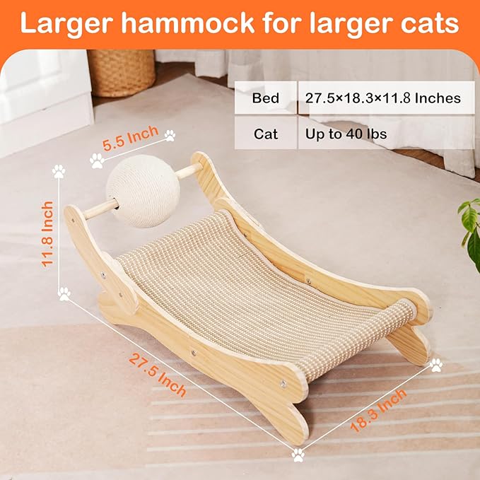 Cat Scratcher Bed Natural Sisal Cat Scratch Chair Hammock, 27.5 Inch Extra Large Scratching Post Lounger Pad with Large Sisal Toy Ball for Indoor Cats