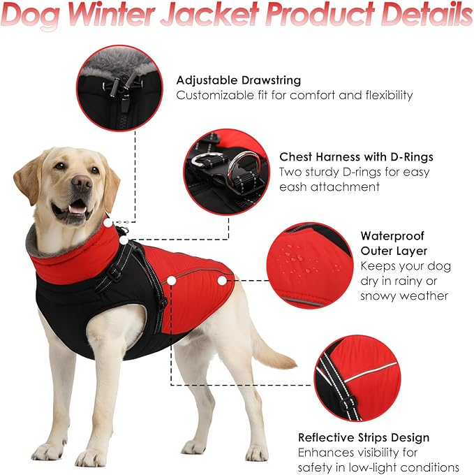 ASENKU Reflective Dog Coat with Built-in Harness, Windproof Fleece-Lined Dog Jacket for Small, Medium, Large Dogs, Warm Winter Vest with Turtleneck & Zipper (Red L)