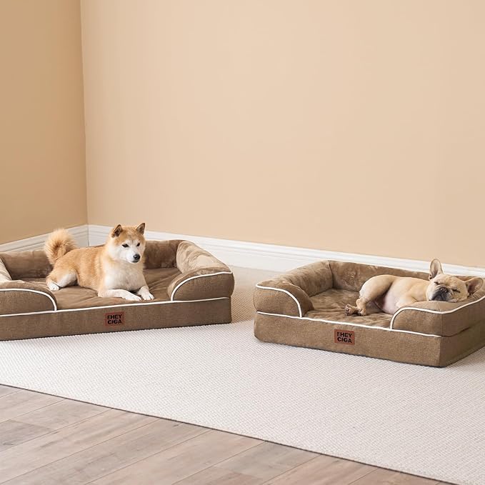 EHEYCIGA Orthopedic Dog Beds for Large Dogs, Waterproof Memory Foam Large Pet Bed with Sides, Non-Slip Bottom and Egg-Crate Foam Dog Couch Bed with Washable Removable Cover, Camel