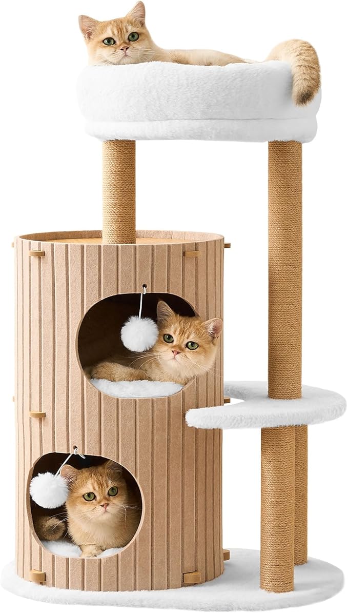 Modern Cat Tree for Indoor Cats Large Adult, 36in H Cat Condo Tower with Scratching Posts, Cozy Cat Bed Cave, Washable Cushions, Dangling Balls, Play&Nap Structure for All Breeds of Cats, Brown