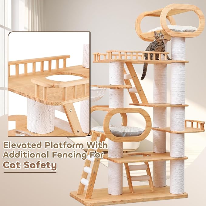 Wood Cat Tree,77'' Modern Cat Trees for Indoor Cats Large Adult,Mult-Level Large Cat Tower with Sisal Scratching Posts,Top Bed,Clear Hammock,Toy,Heavy Duty Sturdy Cat Condo for Cats