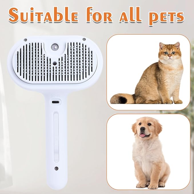 Cat Steam Brush with Release Button, Pet Spray Brushes for Shedding & Grooming, Mist Comb for Pet Long Short Haired, Steamy Brush for Cats Removing Loose Fur and Massage (White)