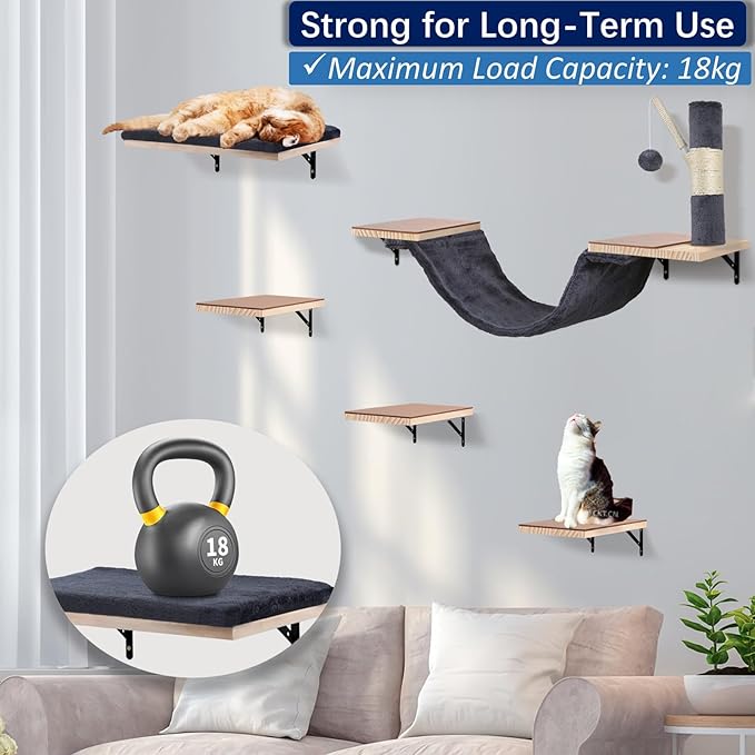 Cat Wall Shelves, Solid Wood Cat Wall Furniture Set, with Cats Bed, Hammock, Felt Ladder, Sisal Scratching Post & Ball (Dark Color)