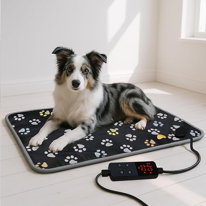 furrybaby Pet Heating Pad, Waterproof Dog Heating Pad Mat for Cat with Durable Anti-Bite Tube Indoor for Puppies Dogs Cats (1 Pack Black, 47 * 30 in, Temp Adjustable)