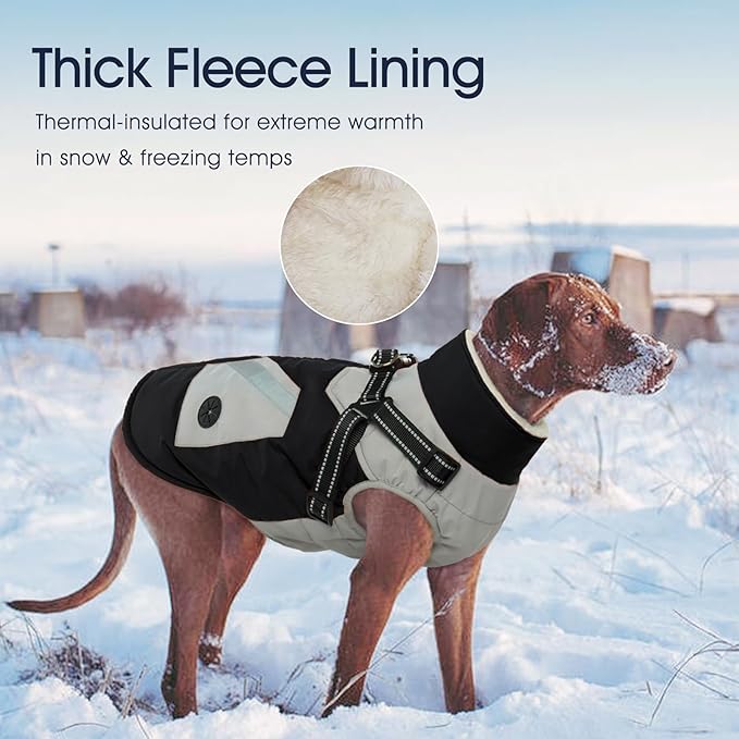 IECOii Large Dog Coat with Harness Built in,Reflective Waterproof Dog Coat for Giant Breeds - Zip Up Fleece Jacket for Dogs,Great Dane Winter Coats Warm Snowsuit for Cold Weather, Black, 4XL