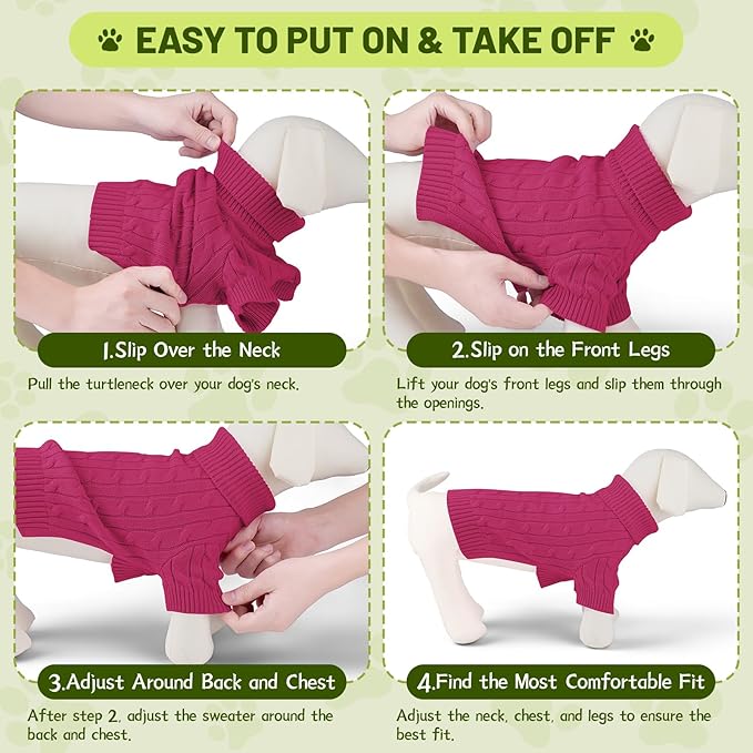 Small Dog Thermal Pullover Sweater, Classic Turtleneck Cable Knitwear Dog Clothes for Cold Weather Warm Pet Clothes for Chihuahua, Bulldog, Dachshund, Pug Hot Pink X-Large