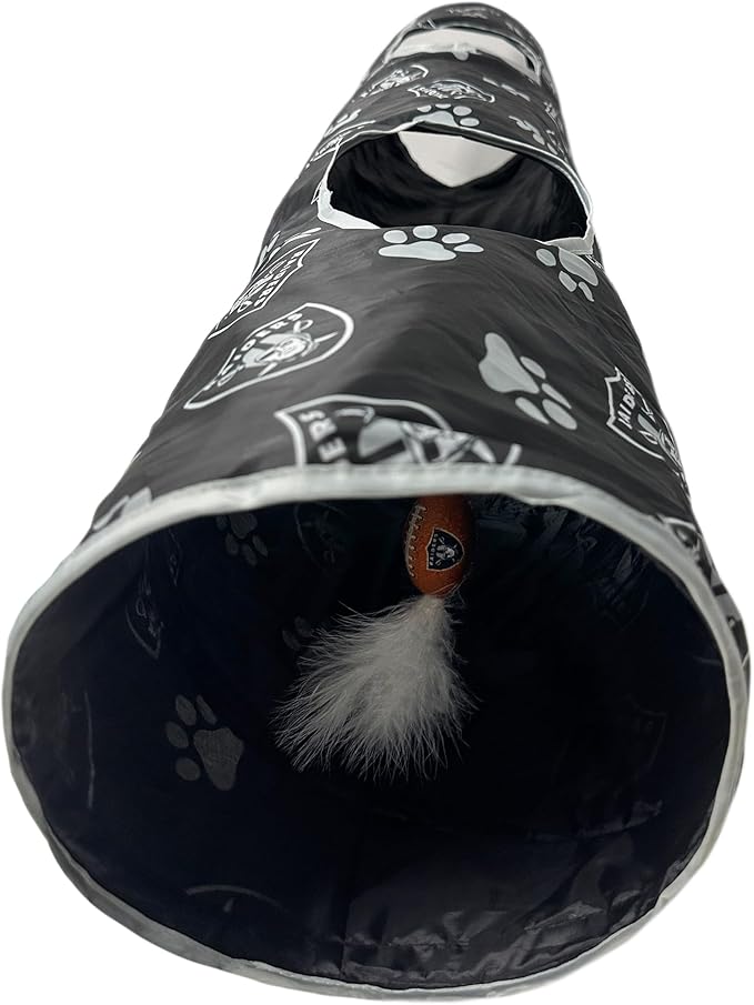 NFL Las Vegas Raiders Cat Tunnel Tube Toy with Plush Football Catnip and Feathers Collapsible Tunnel for Cats to Play, Peek and Hide, Sporty & Fun Cat Tunnel Toy with Team Logo All-Over Design!