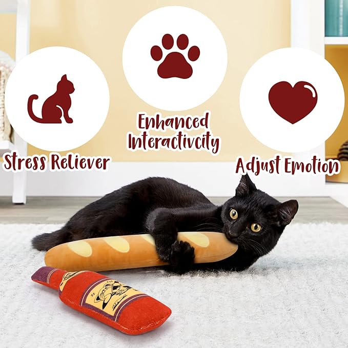 CiyvoLyeen Catnip Toy, Bread Wine Bottle Cat Kicker Toys Baguette Large Interactive Chew Teething for Kitten Indoor Filled Plush Catmint Stuff Gift for Cat Lover 2PCS