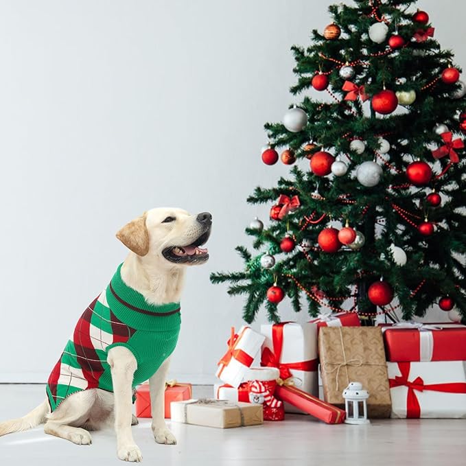 KOOLTAIL Dog Christmas Sweater Pet Knitted Clothes - Classic Plaid Pull Over Turtleneck Dog Sweaters with Leash Hole Warm Dogs Winter Clothing for Small Medium Dogs Cats Puppy (Green & Red M)