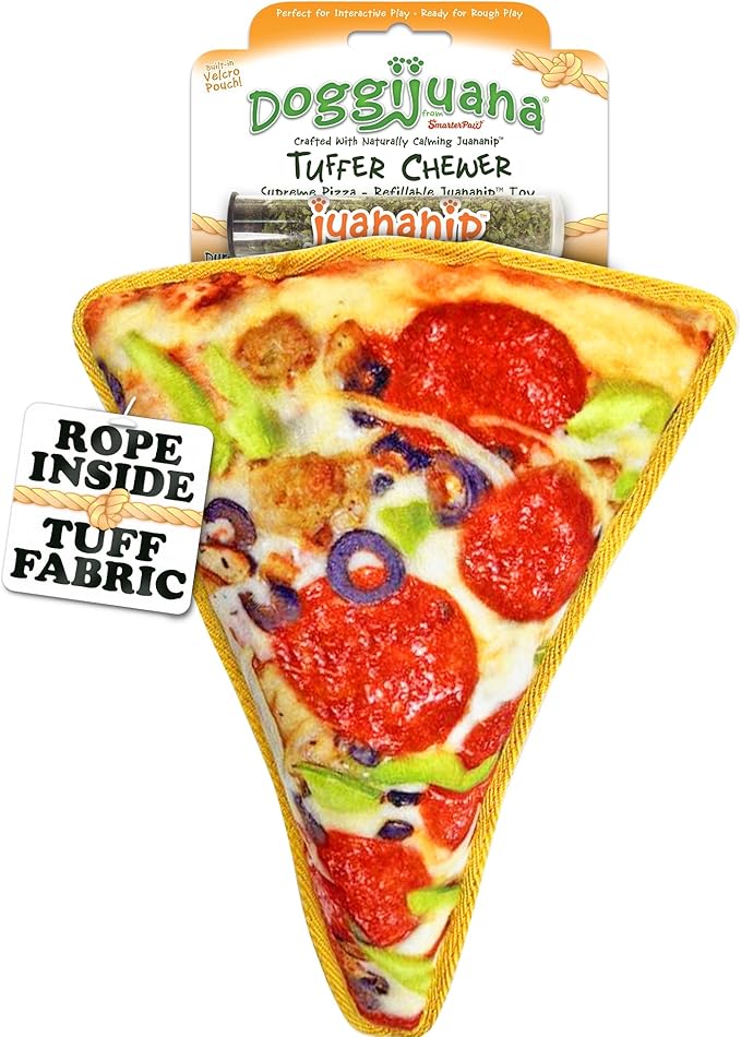 Doggijuana Tuffer Chewer Plush Dog Toy | Funny Dog Toy Plush with Juananip Catnip for Dogs | Calming Aid for Dogs | Interactive Squeaky Chew Toy for Play (Supreme Pizza)