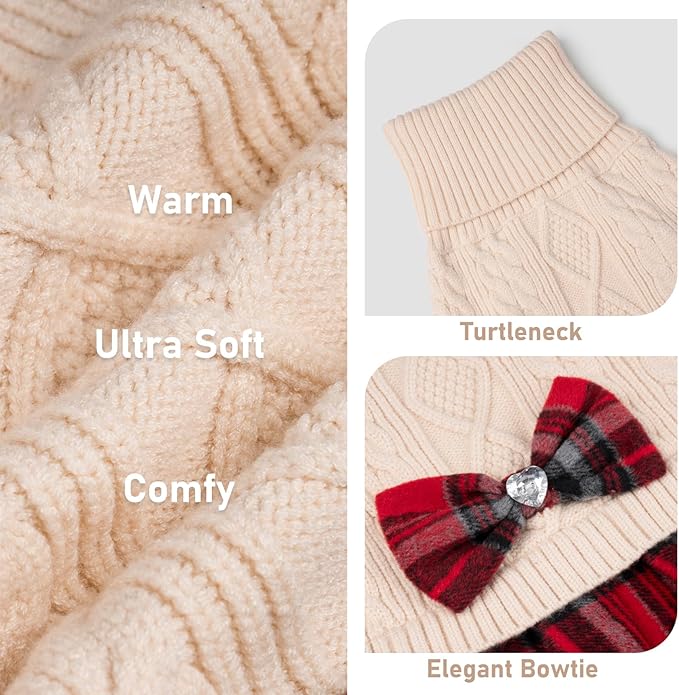 KYEESE Dog Sweater Knitwear Dog Sweaters for Small Dogs Girl Thick Dogs Clothes with Bowtie Stretchy Cat Sweaters Warm Pullover Pet Coats Soft Turtleneck Pet Sweater Dress for Cold Weather Winter