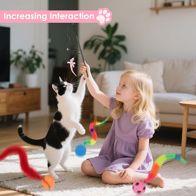 SHENGSEN Feather Wand Cat Toy,Bouncy Ball with Tail Cat Toys,Magic Worm with Large Colorful Ball Toy for Cats,Cat Feather Toys for Indoor Cats,Colorful Fuzzy Worm Bouncy Balls Cat Toy (ADM102-A-3B)