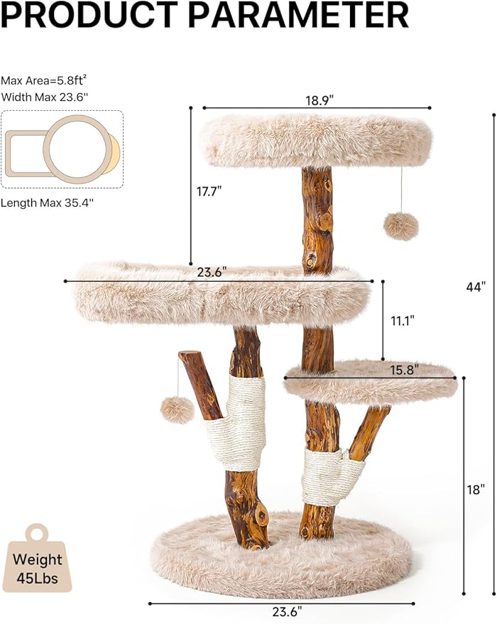 Aesthetic Cat Tree Tower for Large Cats, Large Cat Tree for Maine Coon Indoor Cats with Faux Fox Fur, Solid Wood Sisal Scratching Post, Perches, Platform & Toy Ball