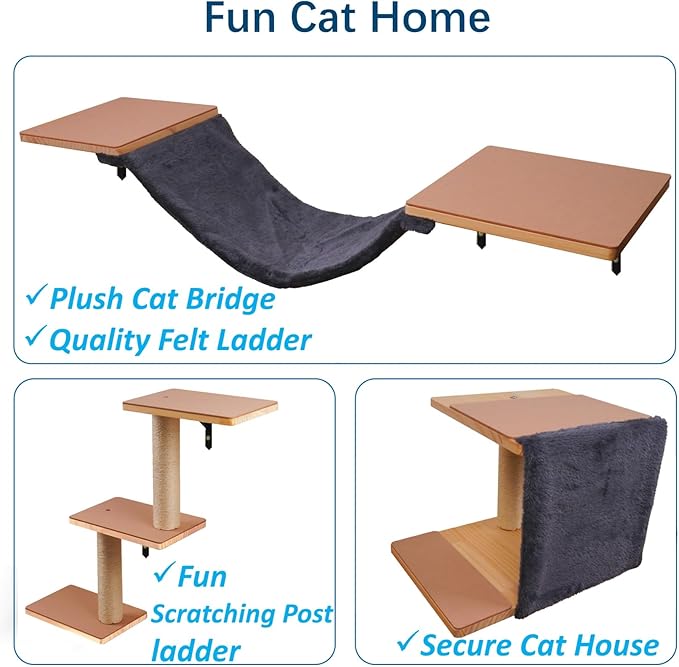 Cat Shelves for Wall, Solid Wood Cat Wall Furniture, with Cat's House, Bed, Hammock, Sisal Scratching Post Ladder (Dark Color)