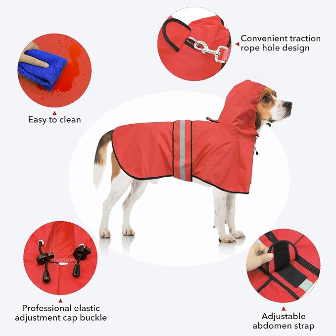Waterproof Reflective Dog Raincoat - Adjustable Hooded Slicker Poncho Pet Rain Coat, Lightweight Dog Rain Jacket for Small to X- Large Dogs and Puppies (Red, Large)