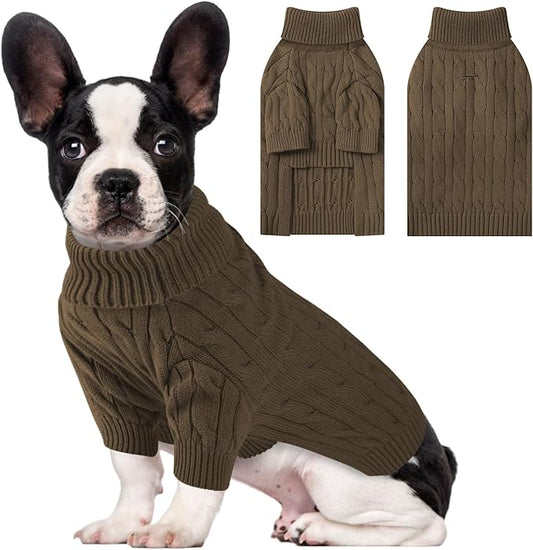 Small Dog Thermal Pullover Sweater, Classic Turtleneck Cable Knitwear Dog Clothes for Cold Weather Warm Pet Clothes for Chihuahua, Bulldog, Dachshund, Pug Tan Large