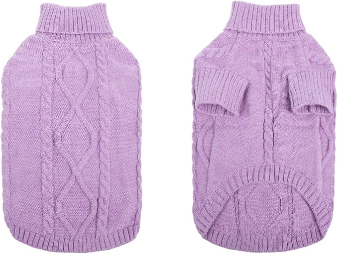 Queenmore Small Dog Pullover Sweater, Cold Weather Cable Knitwear, Classic Turtleneck Thick Warm Clothes for Chihuahua, Bulldog, Dachshund, Pug (Lilac, Small)
