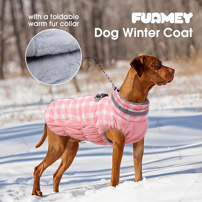 FUAMEY Dog Coat for Medium Dogs,Waterproof Dog Winter Jacket with Harness Built in Puppy Cold Weather Coats Reflective Pet Vest with Zipper Warm Fleece Dogs Snowsuit Windproof Pink Plaid M