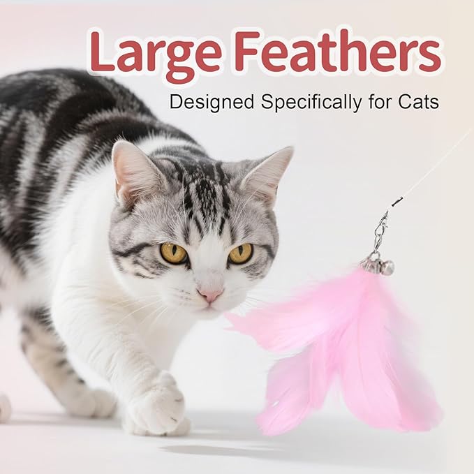 SONGWAY Cat Wand Toys for Indoor Cats - Cat Toy Set with Retractable Teaser Wand and 6 PCS Fairy Feather Toy Refills, Dragonfly Tassel Plush Cat Toys Interactive, Pink