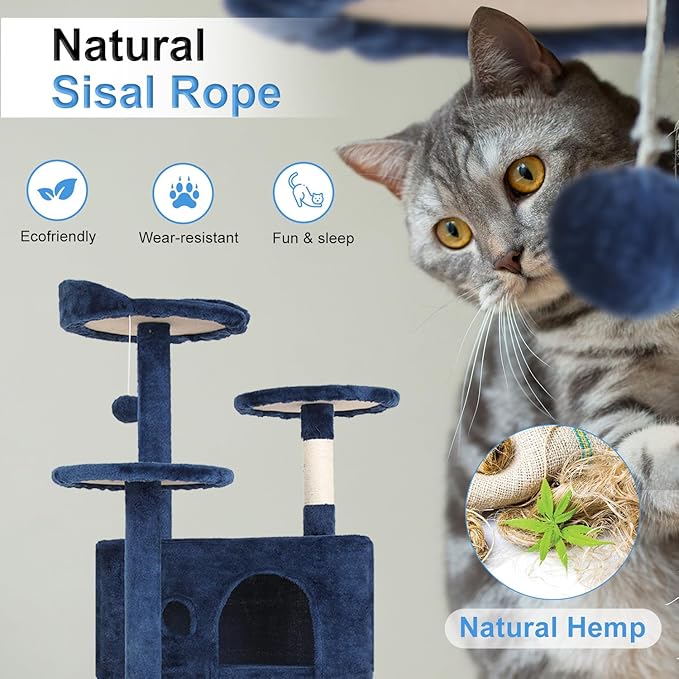 FDW Cat Tree 54in Cat Tower Multi-Level Durable Cat Scratching Post & Cozy Fun Cat Jumping Platform Space Saving Cat Condo Pet Play House for Indoor Cats,Navy Blue