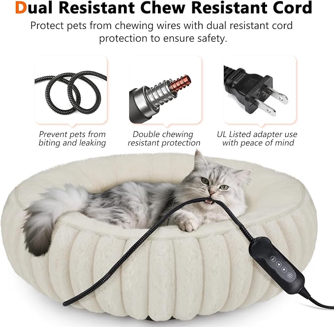 INVENHO Heated Cat Beds for Indoor Cats and Small Dogs, 20" Cozy Donut Heated Pet Bed with Timer & Temp Adjustable, Removable Waterproof Electric Warming Bed for Indoor Cat