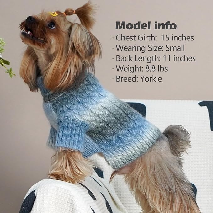 KYEESE Dog Sweater Thick Cable Knit Pet Sweater Gradient Color Small Dog Sweater Fuzzy Warm with Sleeves, Blue, X-Small