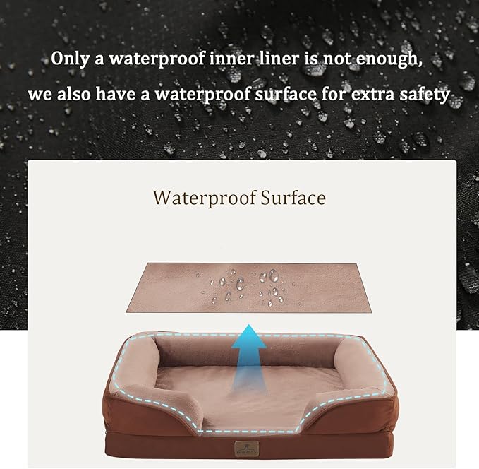 Bedfolks Orthopedic Dog Bed XXL, Waterproof Dog Sofa Bed for Giant Dogs, Egg Foam Pet Couch Bed with Removable Washable Cover and Nonslip Bottom, Brown