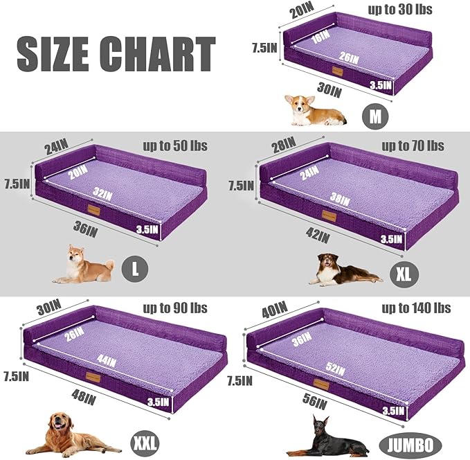 Patas Lague Orthopedic Jumbo Dog Bed for Extra Large Dogs 56''X40'', Waterproof L Bolster Pet Sofa Beds with Removable Washable Cover, Soft Comfortable Pet Couch Crate Mat with Nonskid Bottom, Purple