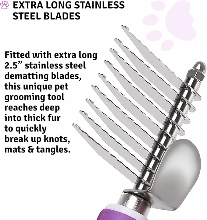 Poodle Dematting Fur Rake Comb Brush for Dogs and Cats - Long 2.5" Steel Safety Blades Metal Comb for Detangling Matted or Knotted Undercoat Hair