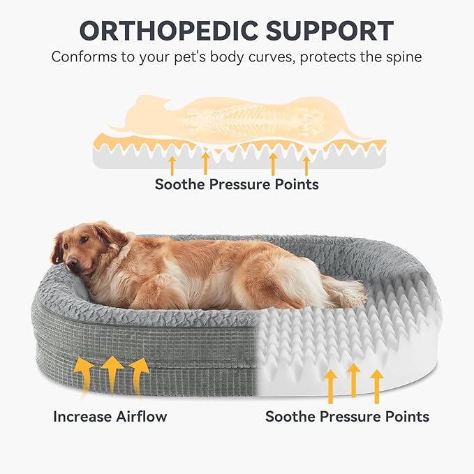 JOEJOY Orthopedic Dog Beds Large Sized Dog, XL Egg-Crate Memory Foam Pet Couch Bed with Bolster Sides, Waterproof Lining, Removable Washable Cover & Non-Slip Bottom, Light Grey