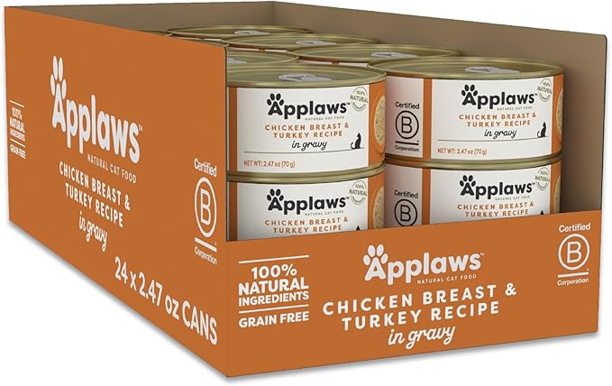 Applaws Natural Wet Cat Food, Made with Limited and Natural Ingredients, High Protein with No Artificial Additives or Fillers, Chicken Breast & Turkey in Gravy (24 x 2.47 oz Cans)