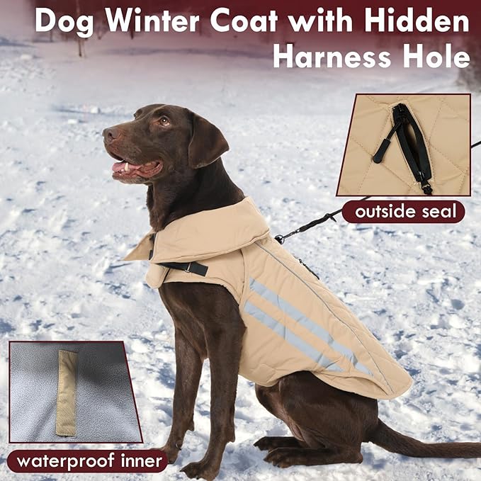 Winter Dog Coat Waterproof Reflective Dog Jacket for Extra Large Dogs with Harness Hook & Loop Turtleneck Fleece Snowsiut for Dogs Great Dane, Khaki 5XL