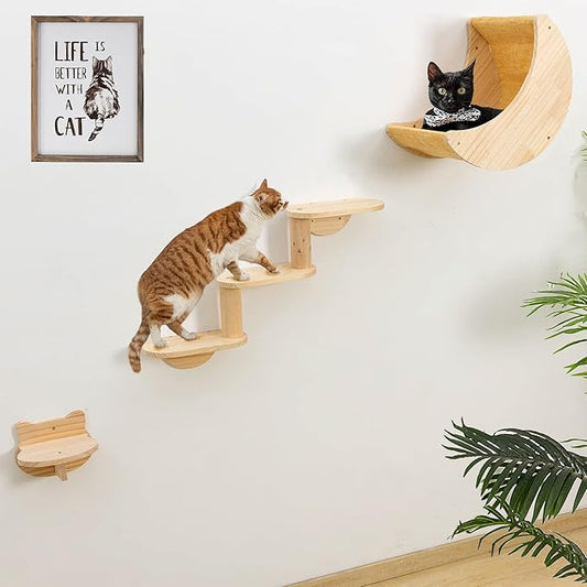 Cat Shelf for Wall Mount Hammock with 3-Levels Climbing Ladder and Shelves Moon Cats Wall Furniture for Activity Indoor Kitty (3-Levels Steps)