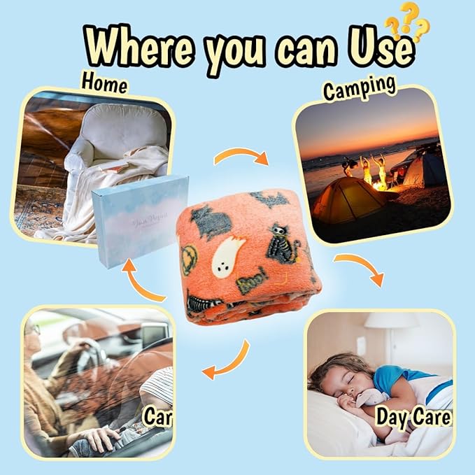 Cute Halloween Blanket for Kids/Teens/Women/Men, Glow in The Dark Throw Blankets Soft Plush Fleece, Spooky Blanket for Boy/Girls/Toddler, Day Care Home Travel Use, 60"*50", Orange