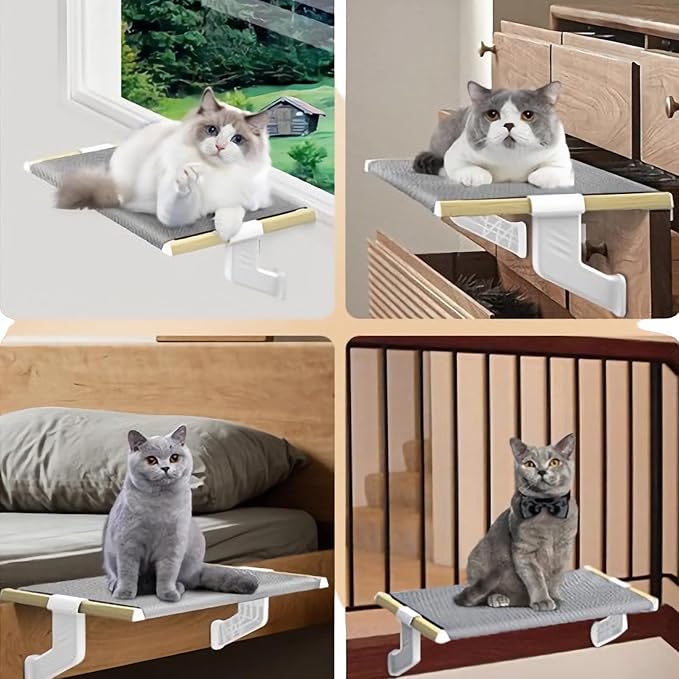 Cat Bed Window Sill Perch,Adjustable Cat Bedside Hammock Metal Frame Kitten Shelf Windowsill for Indoor Large Heavy Cats No Drilling Window Sill Extender for Pets (White, M)