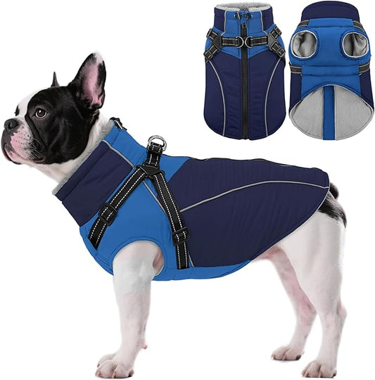 ASENKU Reflective Dog Coat with Built-in Harness, Windproof Fleece-Lined Dog Jacket for Small, Medium, Large Dogs, Warm Winter Vest with Turtleneck & Zipper (Navyblue M)