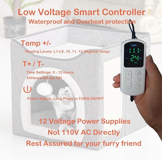 Heated Cat Bed Indoor w/ 12V Electric Heating Pad, Thermal Warming Heated Pet Bed House for Indoor Cats w/Scratching Post, Covered Cat Cave Beds & Furniture Foldable Cats Hideaway, 24x16x15