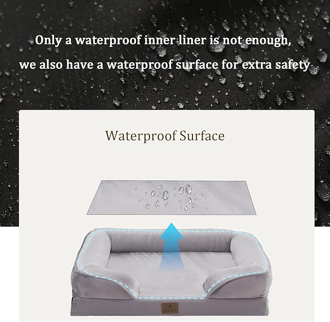 Bedfolks Orthopedic Dog Bed, Waterproof Dog Sofa Bed for Large Dogs, Egg Foam Pet Couch Bed with Removable Washable Cover and Nonslip Bottom, Light Grey
