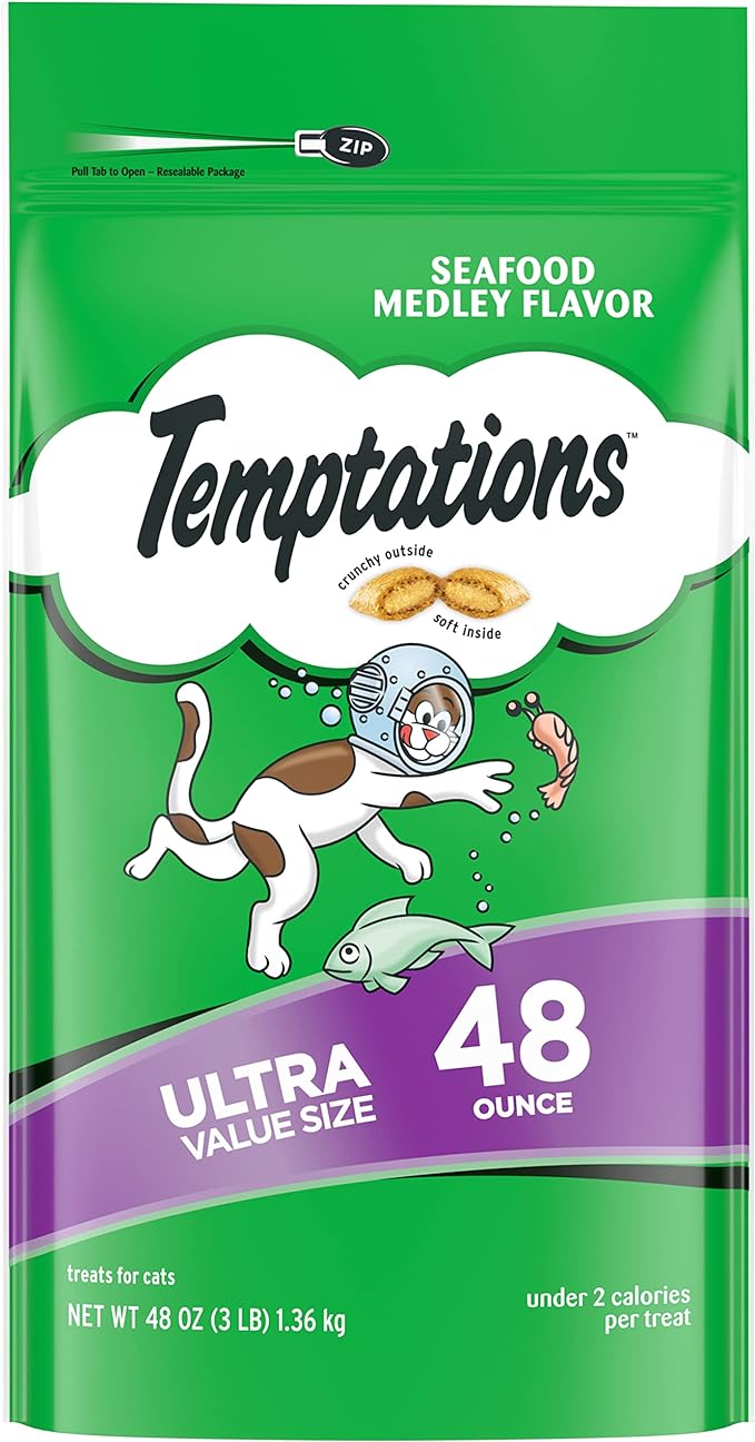 Temptations Classic Crunchy and Soft Cat Treats, Seafood Medley Flavor, 48 oz. Pouch