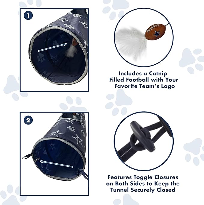 NFL Dallas Cowboys Cat Tunnel Tube Toy with Plush Football Catnip and Feathers Collapsible Tunnel for Cats to Play, Peek and Hide, Sporty & Fun Cat Tunnel Toy with Team Logo All-Over Design!