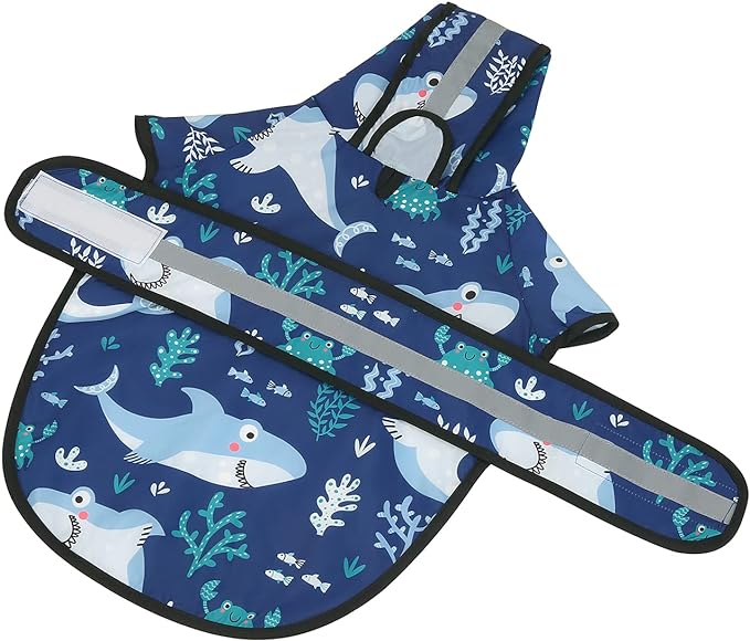 HDE Dog Raincoat Jacket Reflective Adjustable Hooded Pet Poncho Rain Coat with Leash Hole for Small to X-Large Dogs Sharks - M