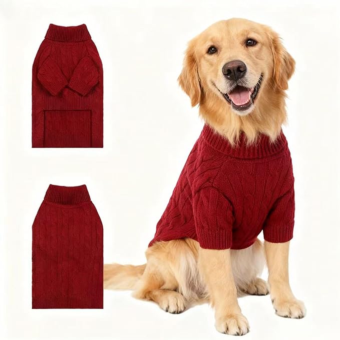 Medium/Large Dog Sweater, Warm Dog Winter Coat w/Sleeves, Comfortable High Neck Premium Dog Clothes for Golden Retriever-Best for Holidays, Daily Walks XXL Deep Red