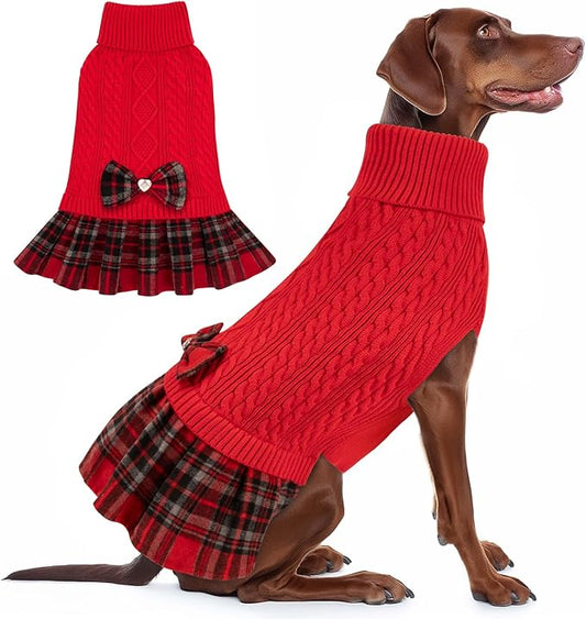 KYEESE Dog Sweater Warm Pullover Dog Sweaters for Medium Dogs Girl Stretchy Dogs Clothes Soft Turtleneck Pet Sweater Dress Comfy Pet Coats with Bowtie, Red, XX-Large