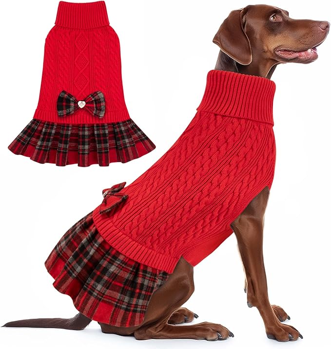 KYEESE Dog Sweater Pullover Dog Sweaters for Large Dogs Thick Dogs Clothes Soft Turtleneck Pet Sweater Dress with Bowtie Warm Comfy Pet Coats, Red, XXX-Large