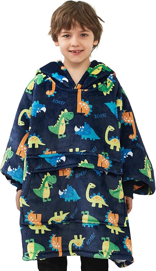 KFUBUO Dinosaur Wearable Blanket Hoodie for Kids Sherpa Patterns Oversized Sweatshirt Blanket with Pocket 6-10 Year Old Boys&Girls Birthday Gifts