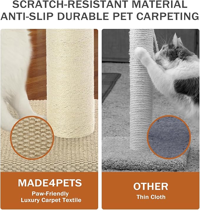 Made4Pets Tall Cat Scratching Post, Heavy Duty and Thicker Scratching Posts for Indoor Cats Adults, 33" Natural Sisal Cat Scratcher with Hanging Balls, Sturdy Base Cat Scratch Post, Beige